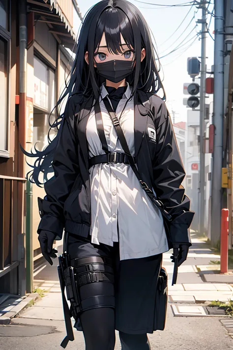 behind handcuffed woman japanesewoman suit suspender gun holster blackmask belt longhair
