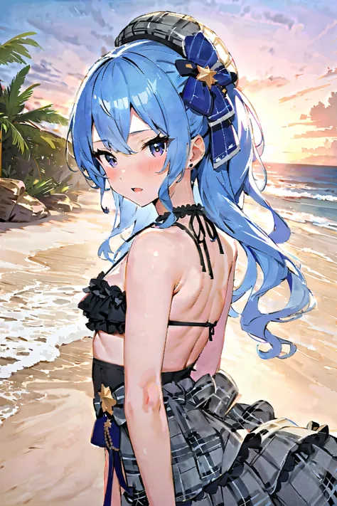 NSFW,masterpiece, best quality, high definition , Very detailed, Hoshimachi Suisei( hololive ),Small breasts, frill bikini ,beach, palm trees,Beach House