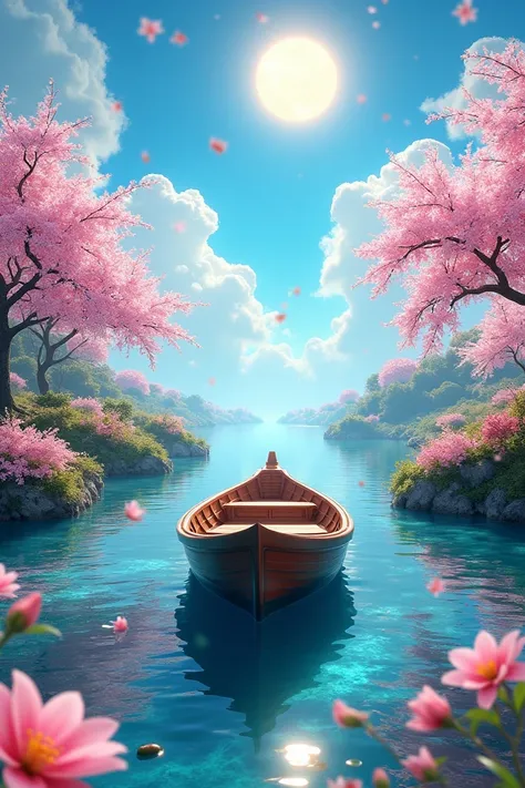 A boat in the sea full of flowers background with cherry trees blue sky with very strong sun 