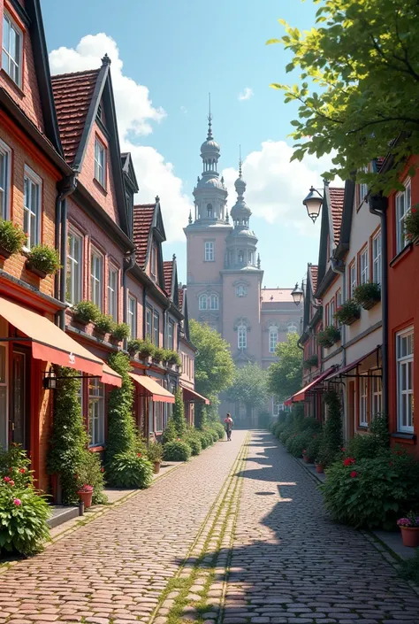 Create a city with three bridges in the Polish style, focusing on the front view of the houses. The city should include pedestrian walkways, tree-lined streets, and a large classical building as its centerpiece. The houses along the streets should feature ...