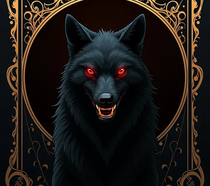 Grinning black wolf design with red eyes(((Tarot Card)),  design sleek and minimalist style, Alphonse Mucha,  dark background