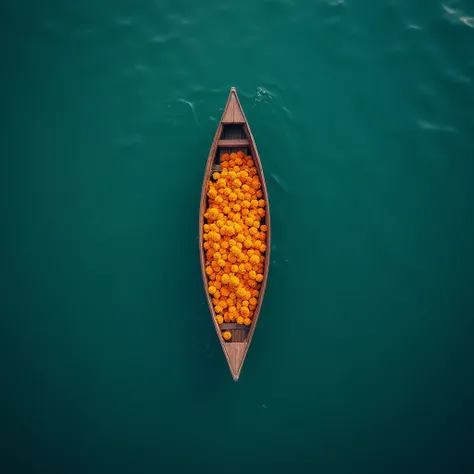 The image is an aerial view of a small boat floating on the water. The boat is made of wood and has a pointed bow. It is filled with bright orange flowers, which appear to be marigolds. The water is a deep turquoise color and there are small ripples around...