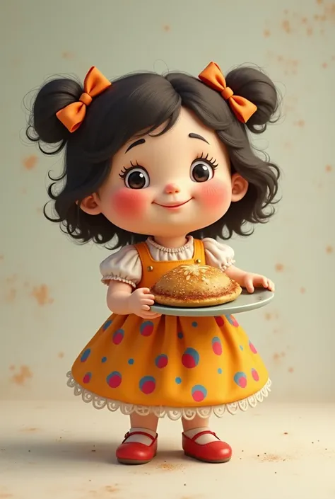 fat adult doll wearing a dot dress ,  with two little bows and with Venezuelan empanada in her hands