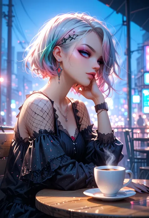 Gothic Girl, Dyed gray hair , Black Mesh,  Sit at a table and watch the hustle and bustle of city traffic, On the table々 There are still sweets lined up ,  There is a big coffee cup nearby .,  beautiful color ,  bright color ,  Very beautiful painting , Sh...