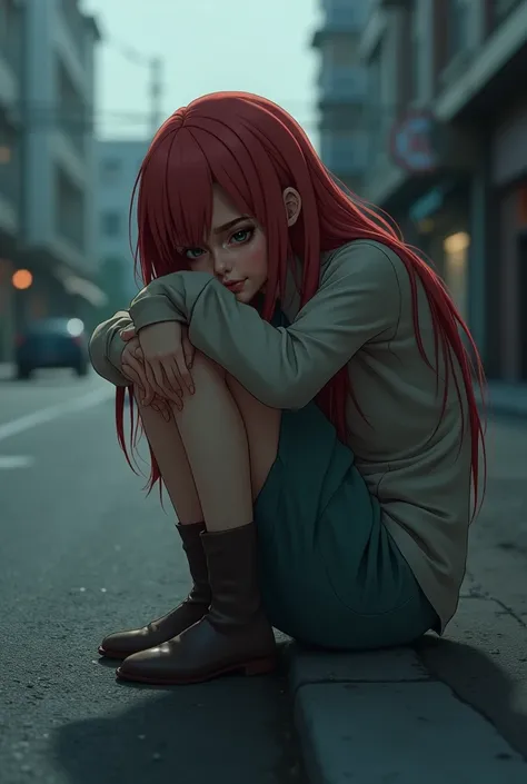 ((HD))，((Ultra HD))，  a girl ，Long red hair， green eyes， Sitting on the street，Lower your head，cry