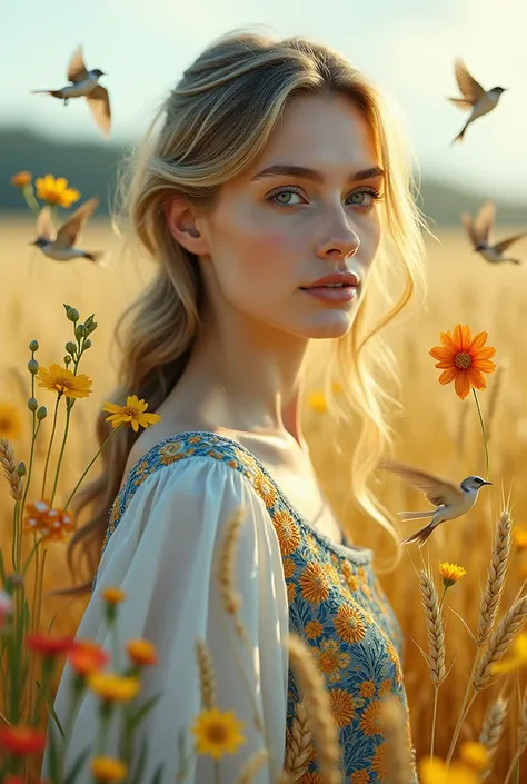 Double exposure: mystical Ukrainian woman with perfect face, makeup, in yellow and blue embroidered dress, standing in wheat field, birds and flowers, viburnum with red berries.