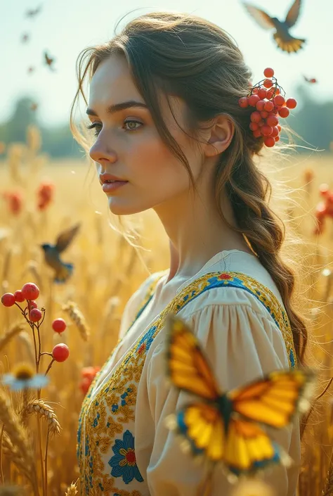 Double exposure: mystical Ukrainian woman with perfect face, makeup, in yellow and blue embroidered dress, standing in wheat field, birds and flowers, viburnum with red berries.