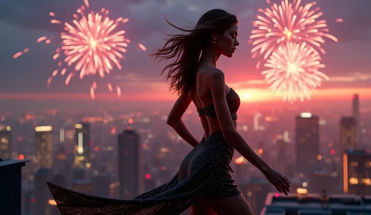 "A stylish dancer in a glittering black strapless dress, grooving sensuously on a rooftop with a glowing city skyline behind her and fireworks lighting up the sky."

