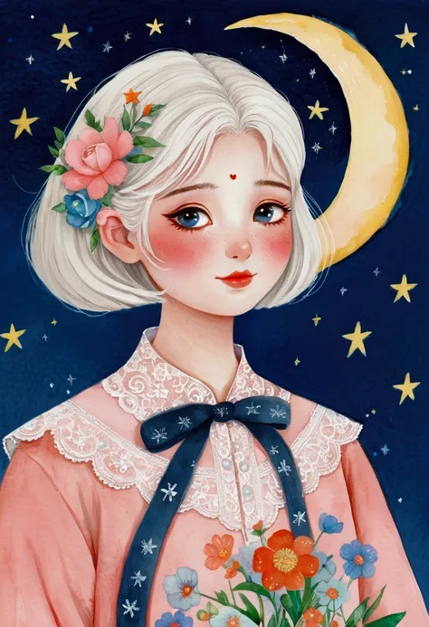 masterpiece,  Quality Best ,  cute hand-painted ,   picture book illustration ， 1 girl at home,  unique , White hair flower ， shirt lace collar ,  blush, Hair accessories, 受众, crescent moon and stars on top， big blank top ， characters take up 30 %%， blue b...