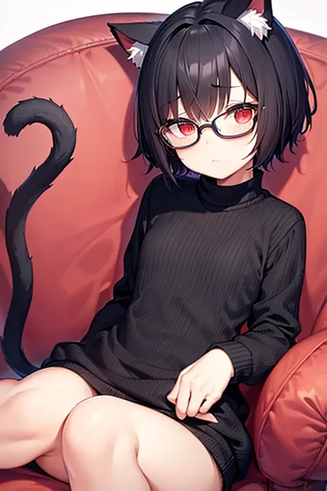  short stature 、 flat chest、Black Hair 、 short hair 、Glasses、  knitted sweater 、Cat ears、Cat tail、  is embarrassing、blush、 cute、Red Eye、living 、sofa、Best Quality, masterpiece,  High image quality,  high resolution on down,  anatomically correct, accurate, ...