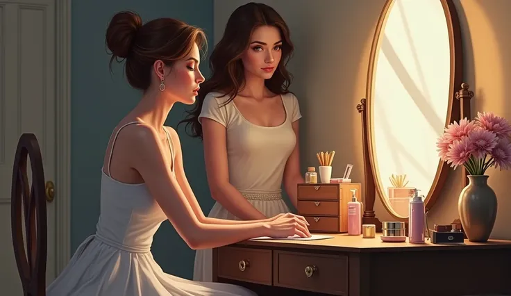 a woman, sitting at a dressing table, behind her there are two women standing