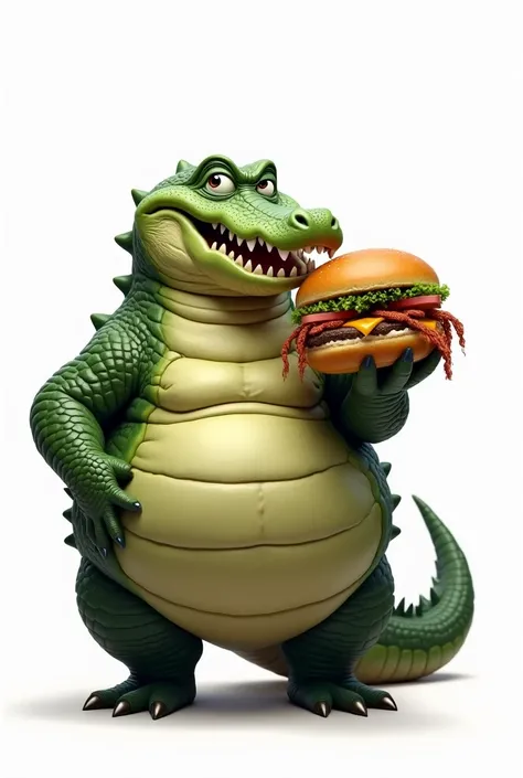 Fat crocodile on a white background holding a hamburger in his hand