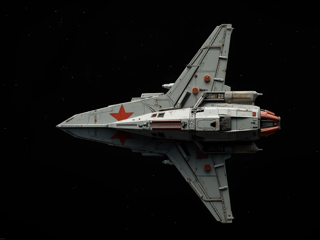 small spaceship, red star on hull, flying space, space opera, detailed spaceship, space launch, war starship, black space background, matte colours, armor plates, top view.