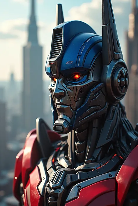 Face of the leader of the Autobot with buildings in the background 