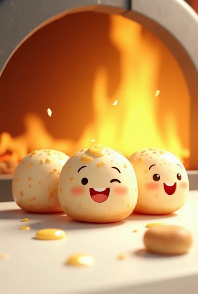 Animated characters Three chubby round white arepas; The cheerful arepas bronzed with melted butter on top  , The arepas in an oven with golden embers on . All on a white, centered background 