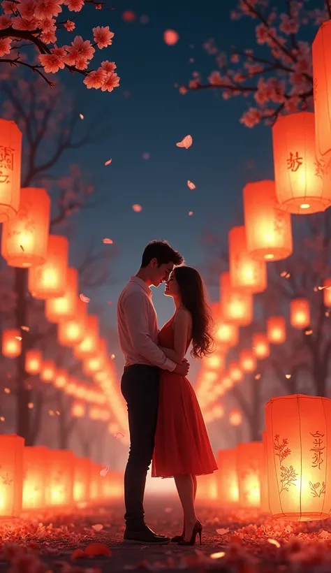 couple, lanterns, night, romantic,