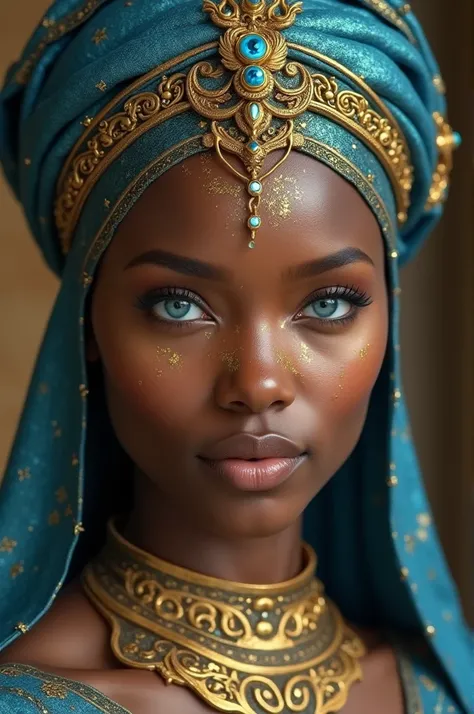 Character Overview:

The character is a woman with a serene and confident expression.
She has deep blue eyes that stand out prominently.
Her skin tone is a rich, warm brown.
Her lips are full and have a natural, slightly glossy finish.
Headwear and Adornme...