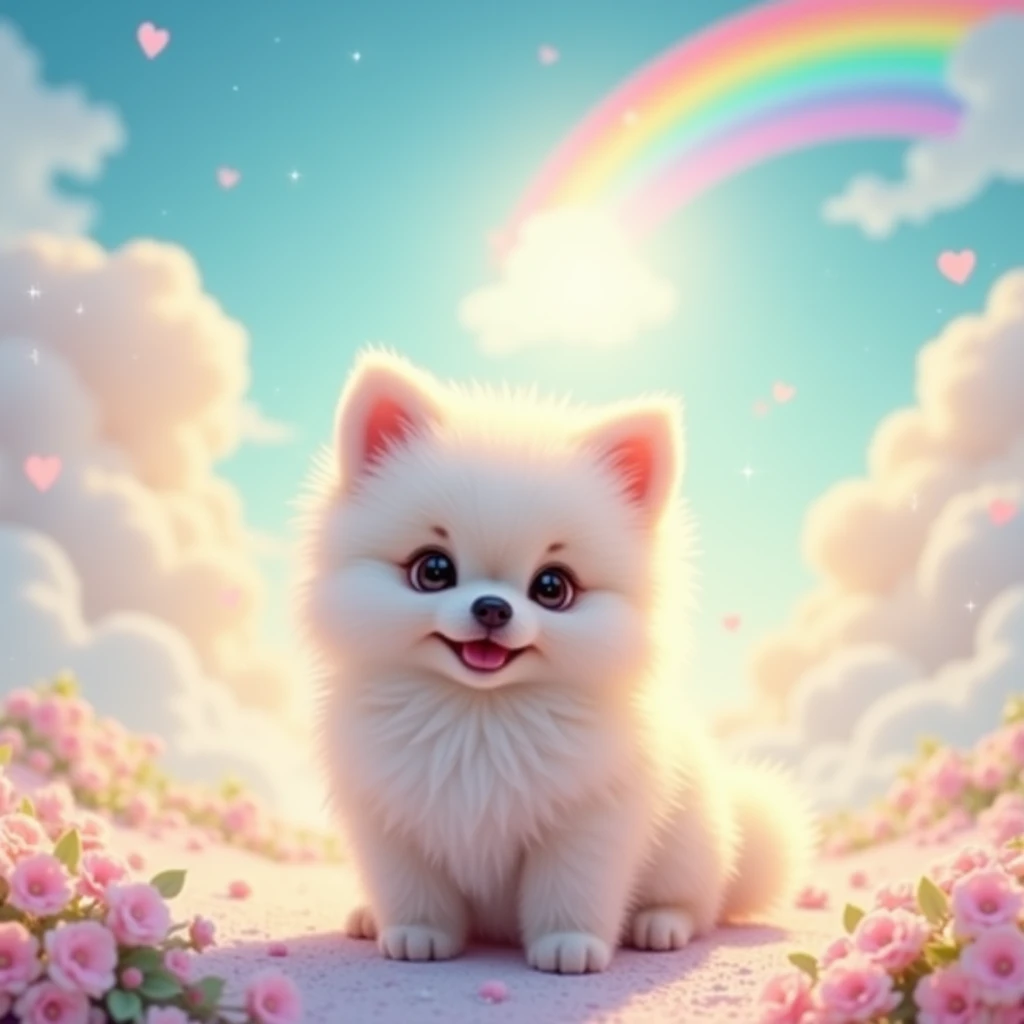  cute white Pomeranian puppy; In the background put clouds and rainbows  