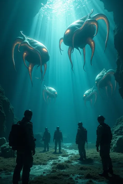  give me a hyperrealistic image , many aliens living in the depths of the sea and the army taking photos with abuse in 4K movie style . Horizontal aspect ratio 16 :9