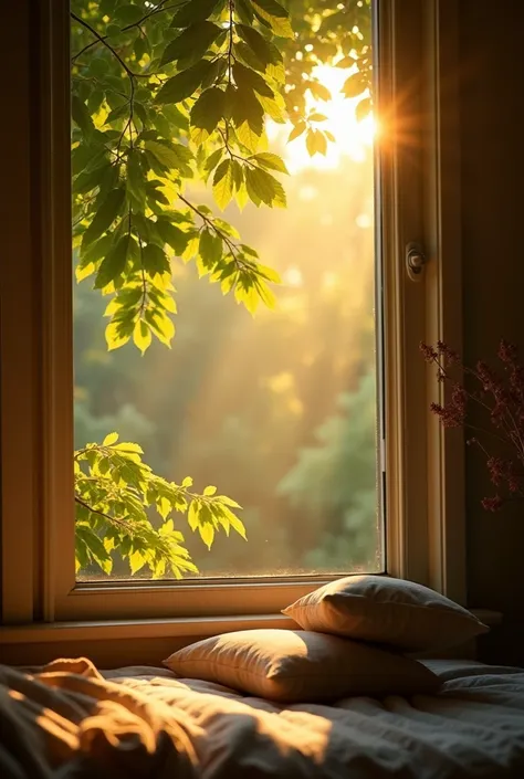 Imagine a serene morning, just as the sun begins to rise. The soft golden light of the early morning sun filters through the lush green leaves of trees outside a window. The window is slightly open, and the warm, amber light gently pours in, casting soft r...