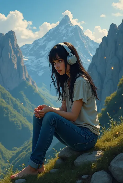 A girl sitting in mountain with jeans and shirts with headphones Star are brighting with palents and sitting hopelessly with long hair 