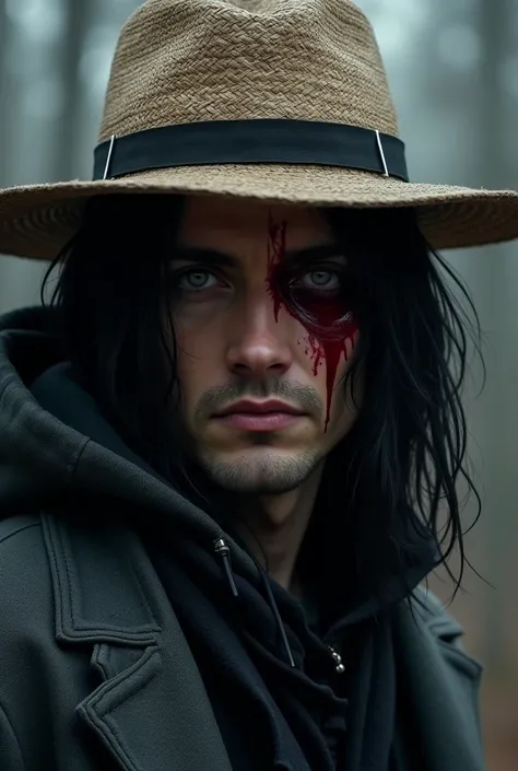  A man of average height with long black hair that hits his shoulders when loose, On your face there is a burn in the right eye area ,  because of this burn his right now has a red color .
 He wears a gray and black hooded overcoat and a straw hat 