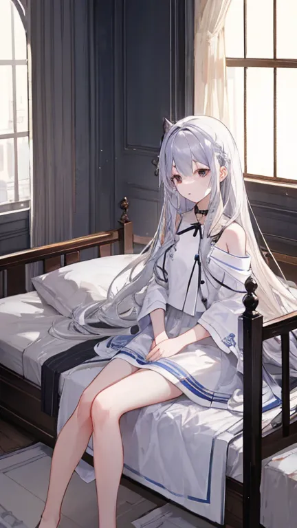 ((highest quality)), silver hair、woman、long hair、night、sleep、bed、fluffy、ephemeral，shrine room