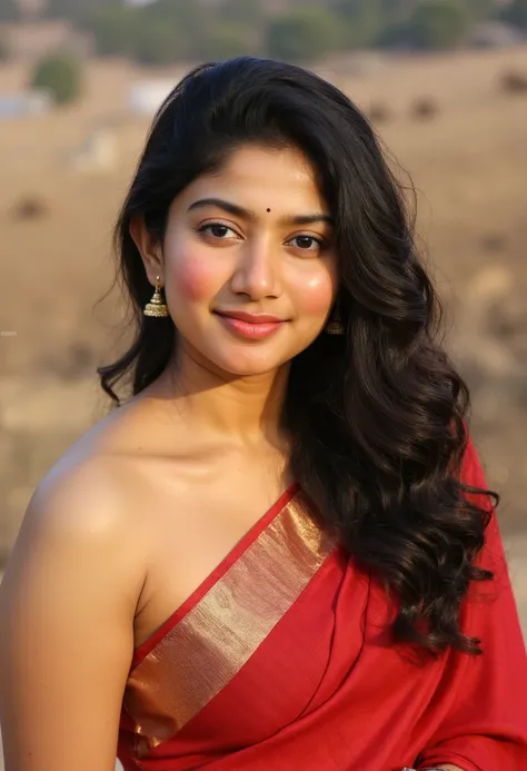 1 girl, standing out side of house, brown light skin, very small breasts fully covered with cloths, mixed 4, red sari, earrings, natural light red lips, closed mouth, realistic, photo_(medium), solo, (masterpiece), full body with legs, (photorealistic : 1....