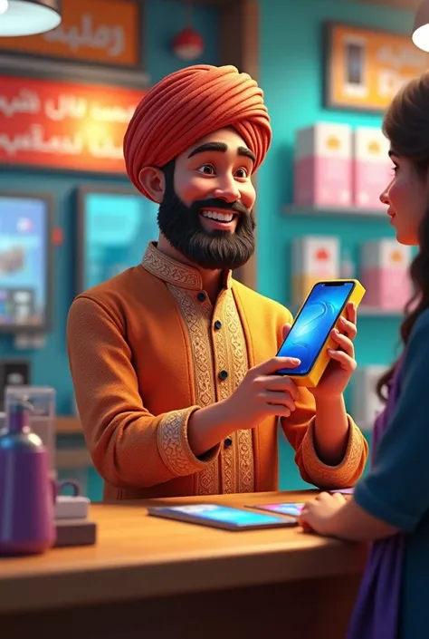 A lively mobile shop with colorful posters and displays, featuring a cheerful Pukhtoon Sahib wearing traditional attire (shalwar kameez and turban), smiling and holding a brand-new smartphone box. The shopkeeper explains the phone features with enthusiasm
...