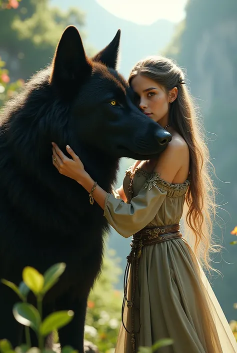 ( Beautiful druid elf girl 1 .3)  hug a big black wolf  (fond d&#39; extremely detailed Unity 8k CG screen, masterpiece&#39;work,  best quality, ultra-detailed,  beautiful bright and detailed eyes :1.2),  best lighting, (Best Shadow,  an extremely delicate...