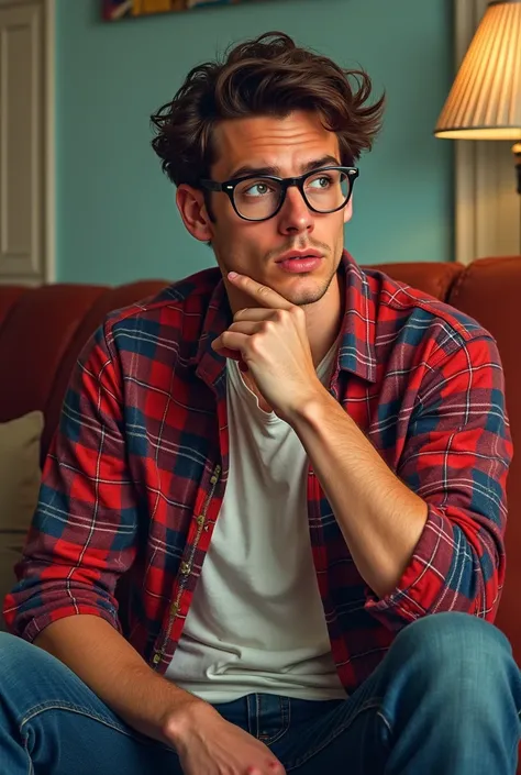 a man, (dylan obrien)  messy hair and nerdy glasses , plaid shirt,  Sitting on the couch talking with a doubtful face,  strong and striking colors poster style, inspired by j.c leyendecker