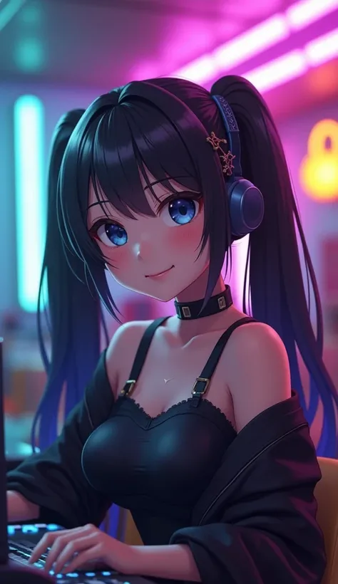 Realistic, 1girl, Looking at viewer, Smile, Blush, Breasts, Long Hair, High Resolution, Blue eyes, Hair Ornament, Twintails, Hair Between Eyes, Closed Mouth, Ponytail, Headphones, Backlighting, Accurate, Best Quality, Anatomically Correct, High Resolution,...