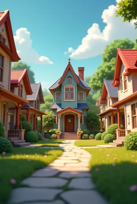 high quality, 8K Ultra HD, infront of rich houses with one poor house, pixar style ,3d,awesome full color,