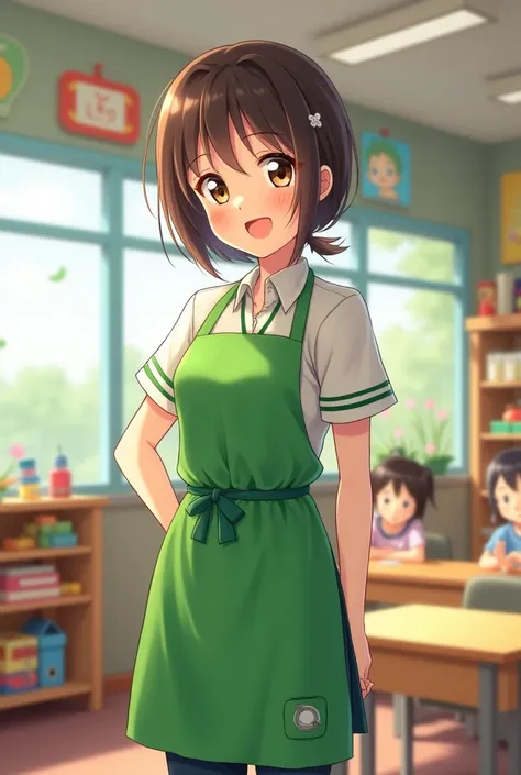 Create an image of a kindergarten teacher in her green apron, only they are ren