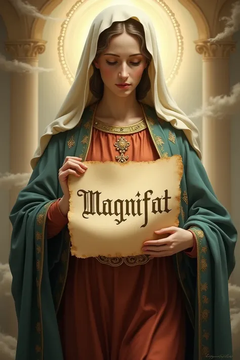 Our Lady of Graces holding a sentence saying: Magnificat