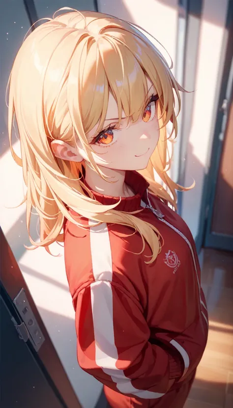 (masterpiece, best quality),nsfw, 1girl, blonde hair, medium long hair, slant eyes,(orange eye),angry,fearless smile,red tracksuit,looking at viewer, looking ahead, from above,from side,profile,school hallway,