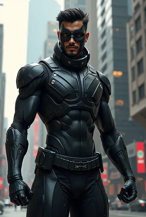 Make a Indian under 25 young male gorgeous fit vigilant assassin masked super hero image modern version armoured 