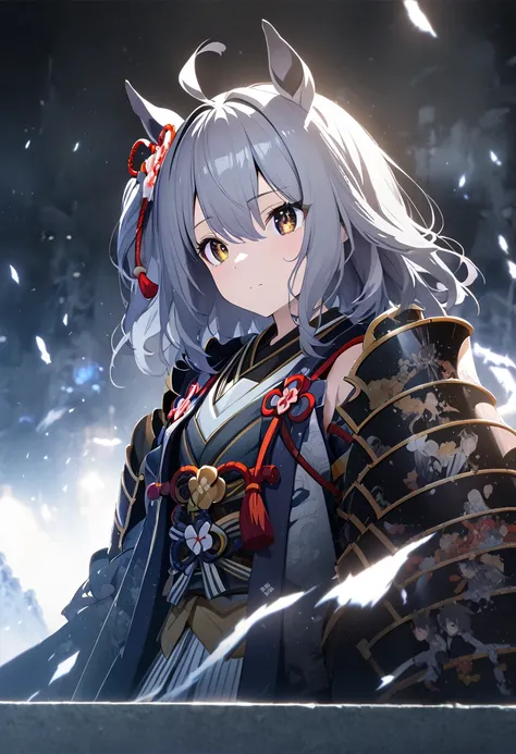  girl, , Samurai Armor, Samurai Pearl, knife、Purple lightning flashes in the background、Gray Hair、Dilapidated Ruins,(((masterpiece))),Highest quality, figure,(Beautiful detailed girl),Exposing shoulders,flat_CHST,Diamonds and sparkling eyes,Beautiful and d...