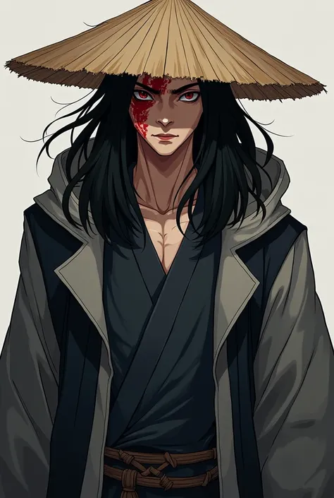  A man of average height with long black hair that hits his shoulders when loose, On your face there is a burn in the right eye area ,  because of this burn his right now has a red color .
He wears a gray and black hooded overcoat and a samurai straw hat