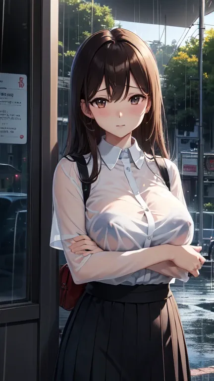 Anime girl with big breasts posing in front of the window, ((Restaurant uniform: 1.2))),((Well good)), ((see-through)), ((nipples are see-through)), (((looks away in embarrassment)), ((upper body)), ((focused on people)), ((brown hair)), ((looking from the...