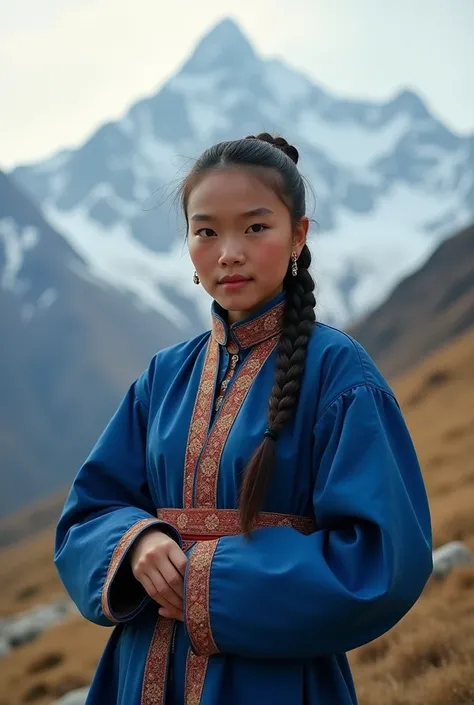   A Tibetan woman in the nuanced Andes,   pretty girl，18 years old， Standing in front of snowy peaks   ,  actual , photo actual , very good, 8K,   best quality  , masterpiece,   Dramatic Lighting  ,   Vivid Colors  , Natural Environment,    Complex Cultura...