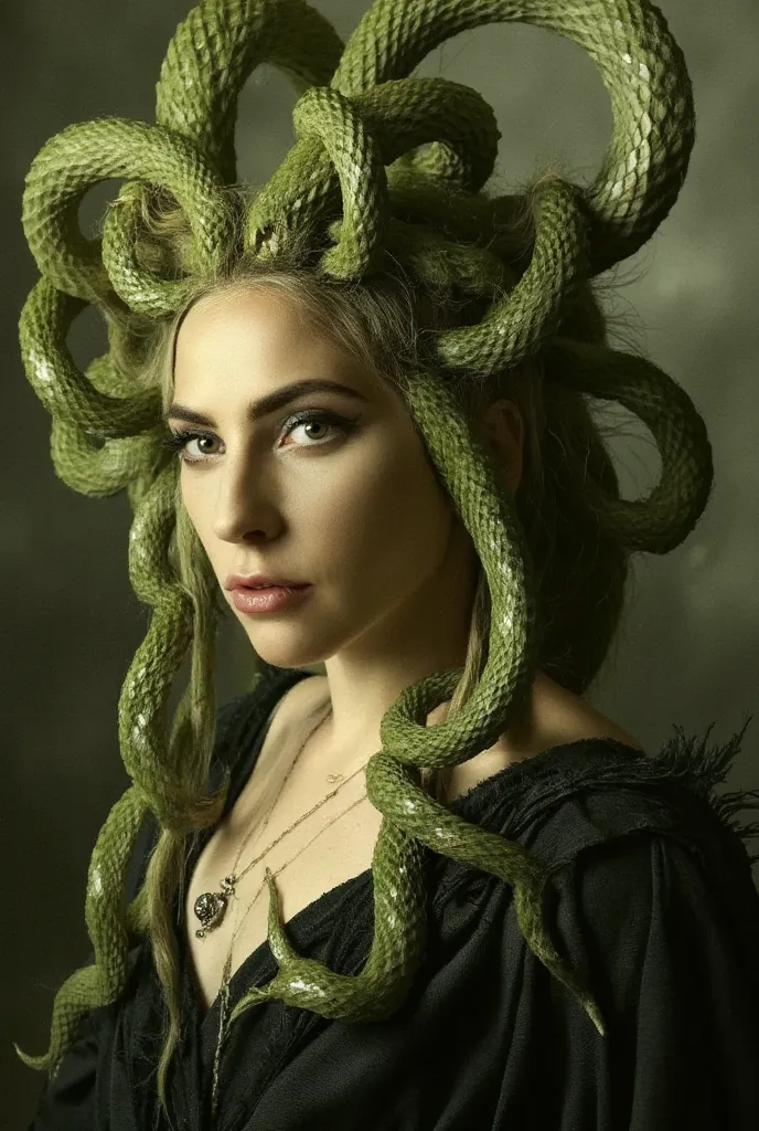 lady gaga com uma grande cabeça de cobras verdes no cabelo, fierce medusa, female medusa long hair, beautiful female , portrait ...