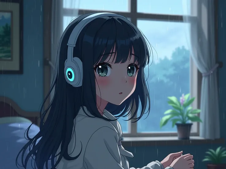 Anime style, (dreamlikeart), (soft focus), cozy atmosphere, girl with headphones black hair with a white headband and bangs, [(Lofi beats:1.3)|ambient music], (anime art), [(flowers cherrywood|shelf:0.5)], [reflective surface: 0.8], [(pastel colors: 1.2) |...