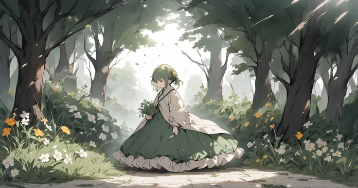 A girl walking through a ruined world　nature　Utopia　green　There are a few flowers blooming on the ground　Composition is drawn 　 deep background