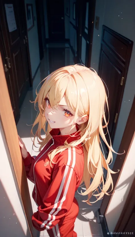 (masterpiece, best quality),nsfw, 1girl, blonde hair, medium long hair, slant eyes,(orange eye),angry,fearless smile,red tracksuit,looking at viewer, looking ahead, from above,from side,profile,school hallway,