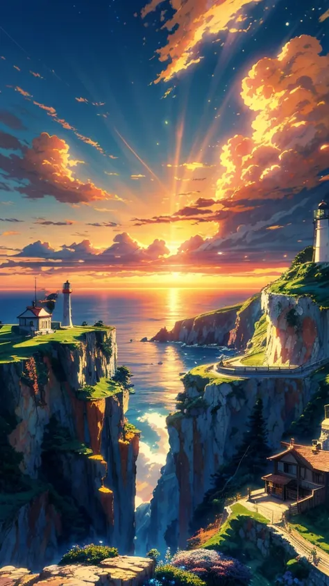 Long view, Wide view, a painting of a lighthouse on a cliff overlooking the ocean, studio ghibli sunlight, beautiful anime scenery, anime beautiful peace scene, light house, beautiful anime scene, studio ghibli landscape, lighthouse, detailed scenery, clif...