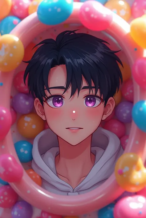 A colorful candy ，Inside the candy is a reflection of a man， short black hair ，27 minutes ， purple eyes ，Straight eyebrows，gentle，Big brother， extremely detailed，color，close up，头部close up，Handsome，male，Smile，Shigeo，， sportswear