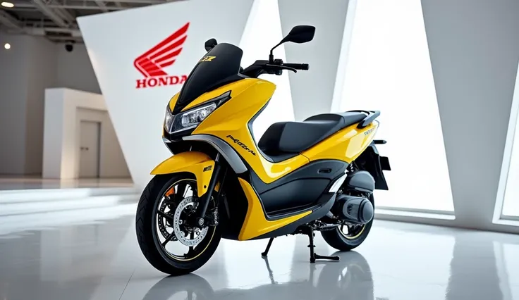 A full attractive hd photo of new 2025 Honda Pcx 125 yellow shiny color of exterior Design. A white shiny showroom background logo "Honda" on the wall. A bike with front side view of vehicle.