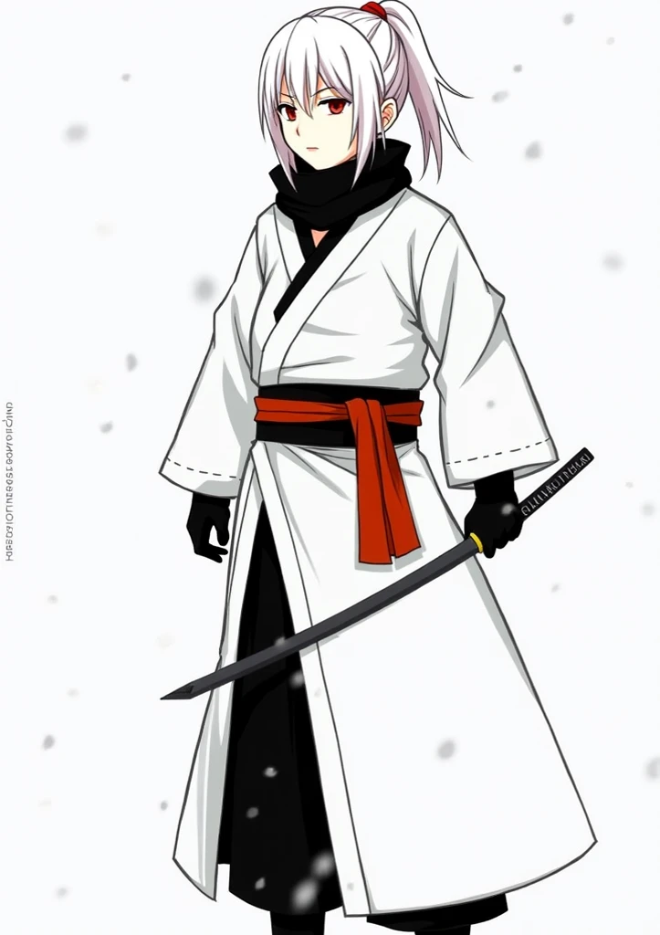   has white hair and red eyes　The Traveling Samurai Girl  　  black and white kimono　  brown cloak　 Brown scarf　  I have a sword　In a snowstorm　  ponytail　 Anime Style