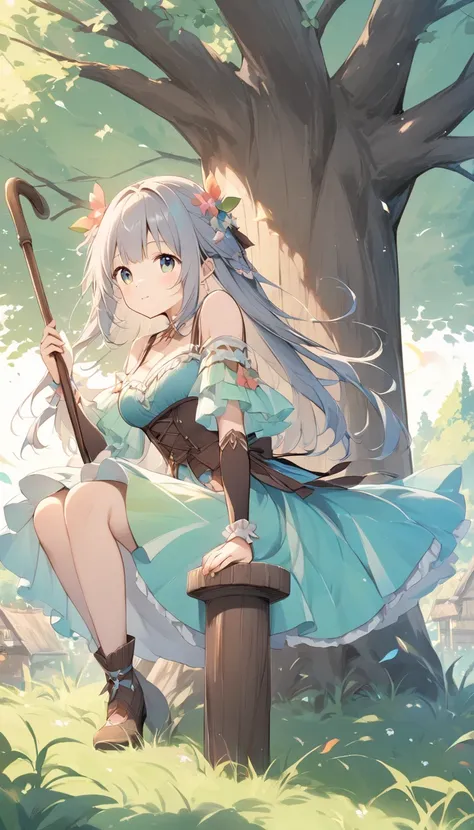    Bright lines and soft colors create a dreamy effect., A fleeting impression.., one woman、 Old Tree House     、Girl with an old wooden cane    、 holding an old wooden cane 、cute、  Fantasy Villagers 、